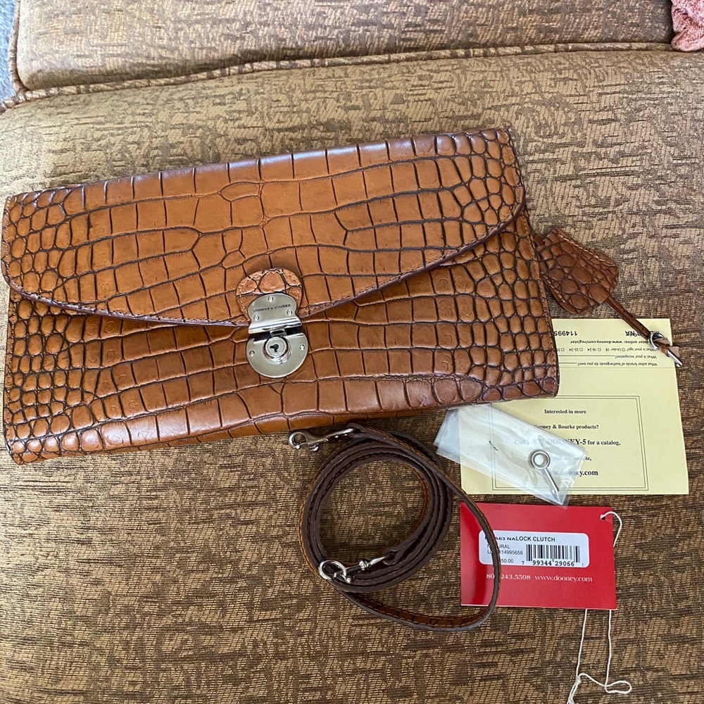Dooney & Bourke Tan Crocodile Pattern Leather Clutch/crossbody